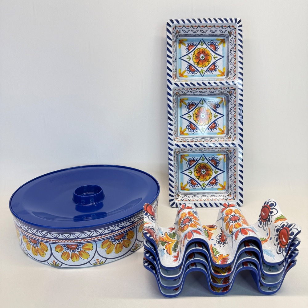 Prepara Melamine Taco Serving Set Talavera Floral Tortilla Warmer Tray Holders